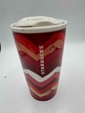 Starbucks Red and White Chevron Ceramic Travel Cup with Gold Accents